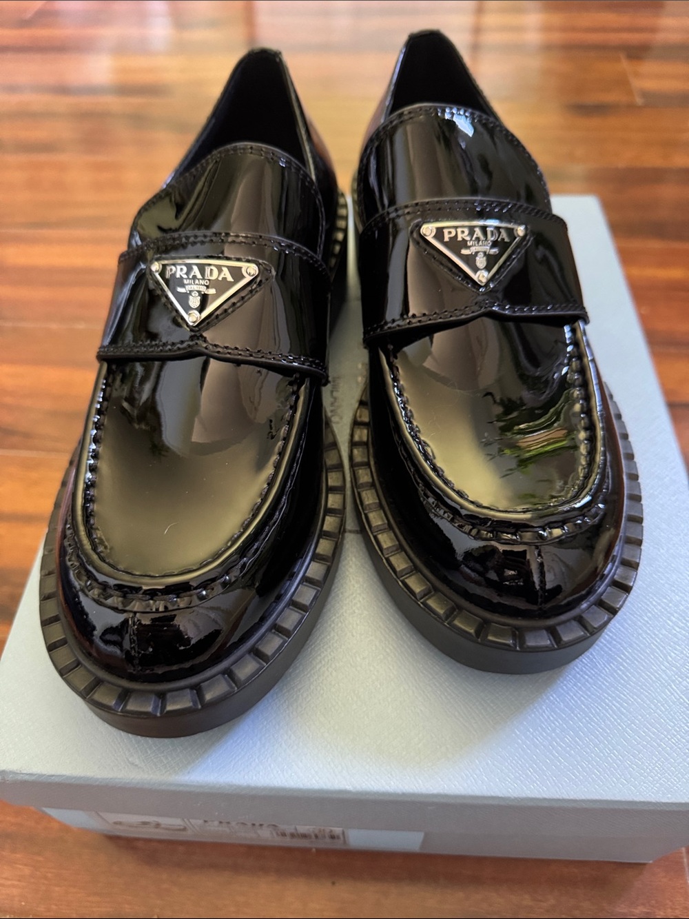 Prada copy women’s Black Patent Leather Loafers with dust bag